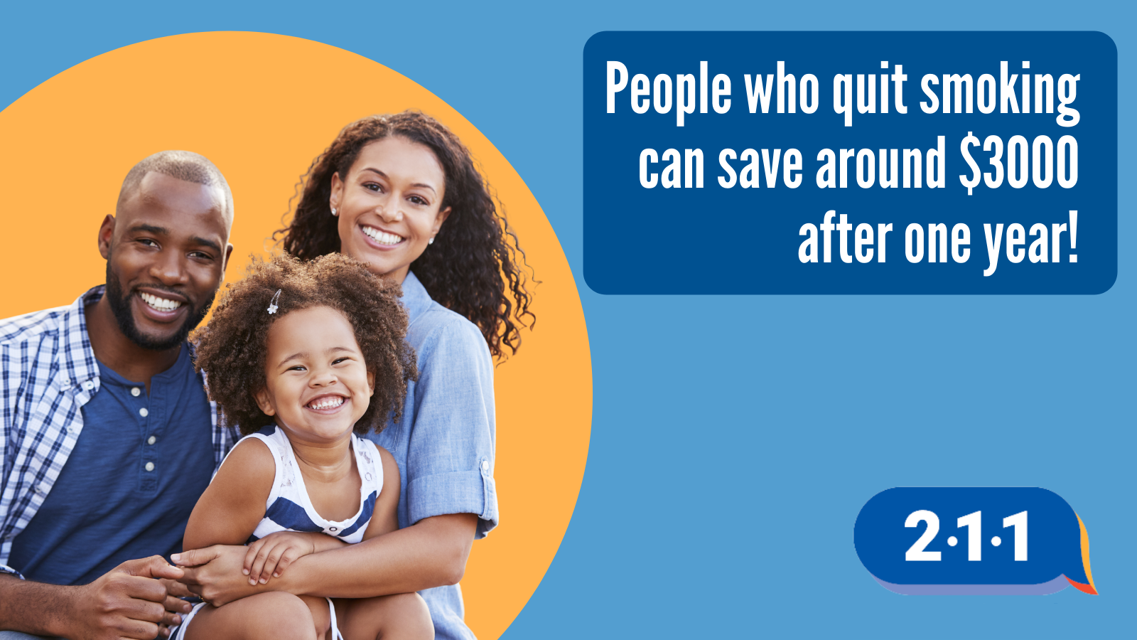 African American smiling family and text: People who quit smoking can save around $3000 after one year! 2-1-1